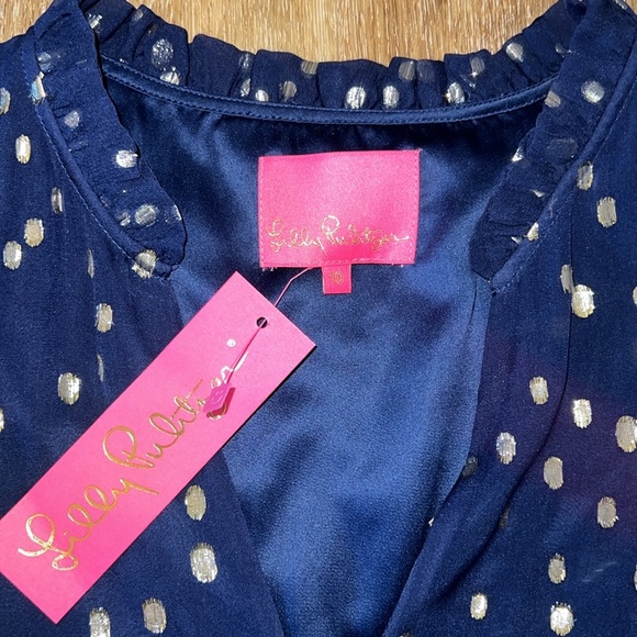Lilly Pulitzer Sarita Silk Dress Navy Gold Metallic Silk Clip Size 10 - Picture 6 of 14